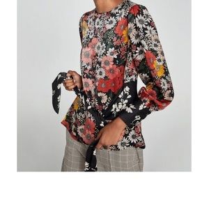 Zara Basic Women Contrasting Floral Tie Waist Blouse Long Sleeve Size M